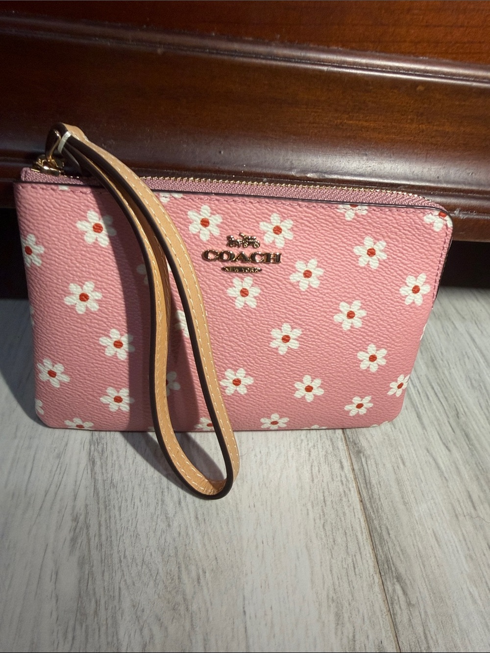 Coach Pink Daisy Zip Wristlet with Tan Strap